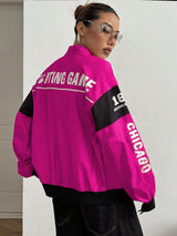 SHEIN PETITE Hot Pink Letter Print Colorblock Drop Shoulder Bomber Jacket