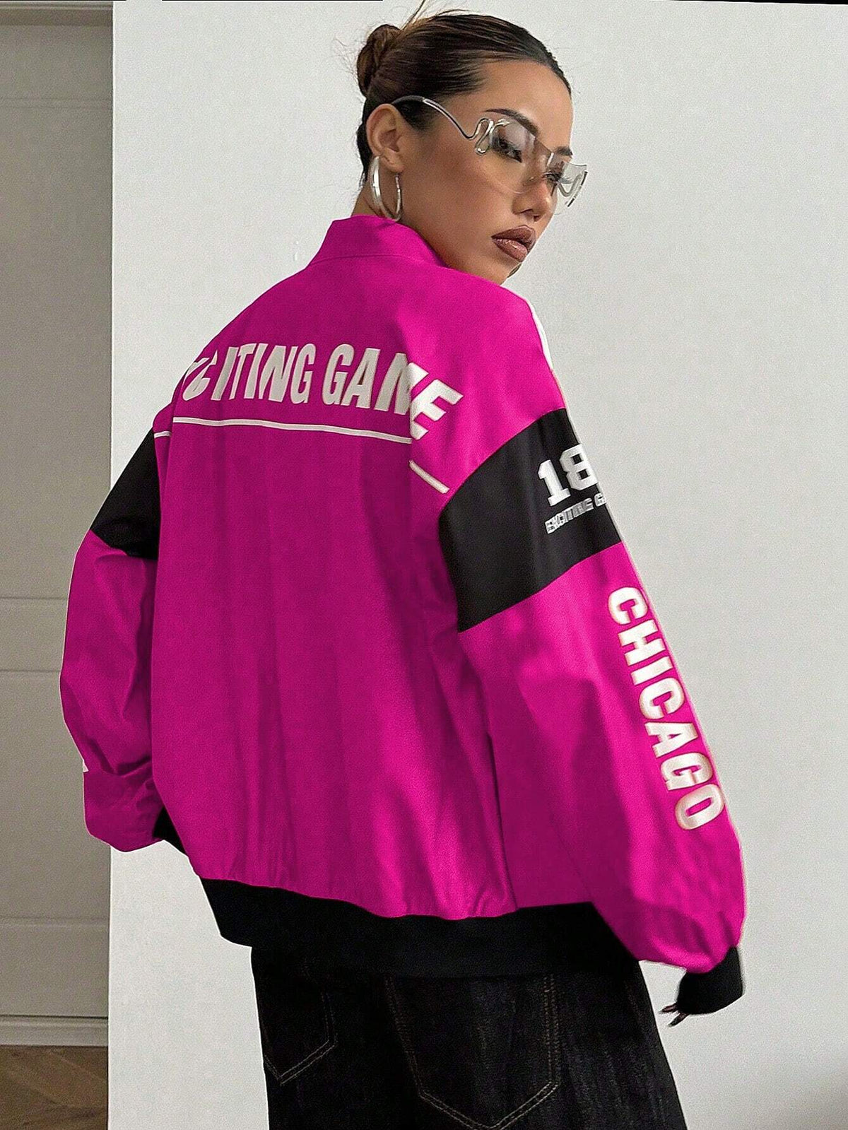 SHEIN PETITE Hot Pink Letter Print Colorblock Drop Shoulder Bomber Jacket