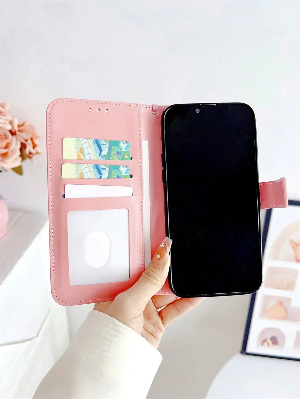 Peach Large Bow Faux Pearl Decor Wristband Case Compatible