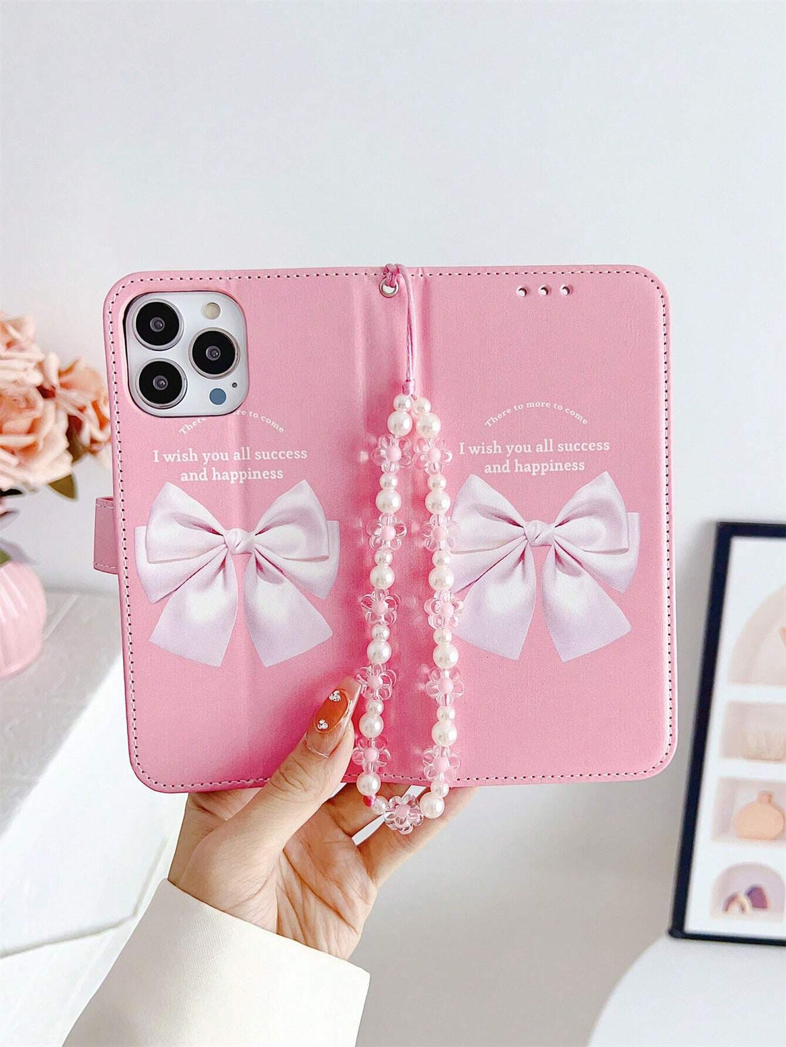 Peach Large Bow Faux Pearl Decor Wristband Case Compatible