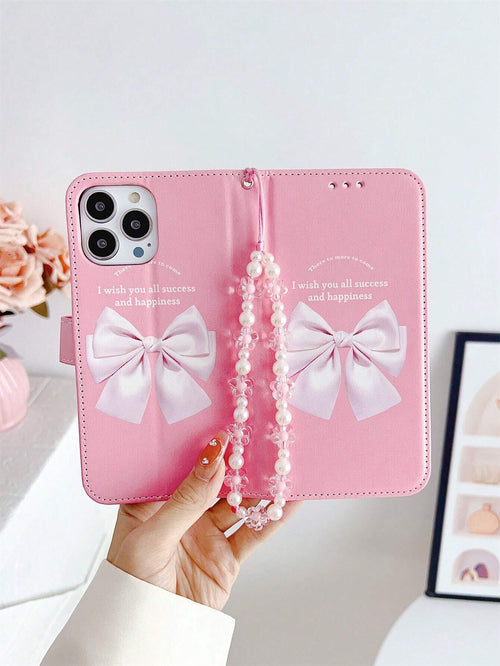Peach Large Bow Faux Pearl Decor Wristband Case Compatible