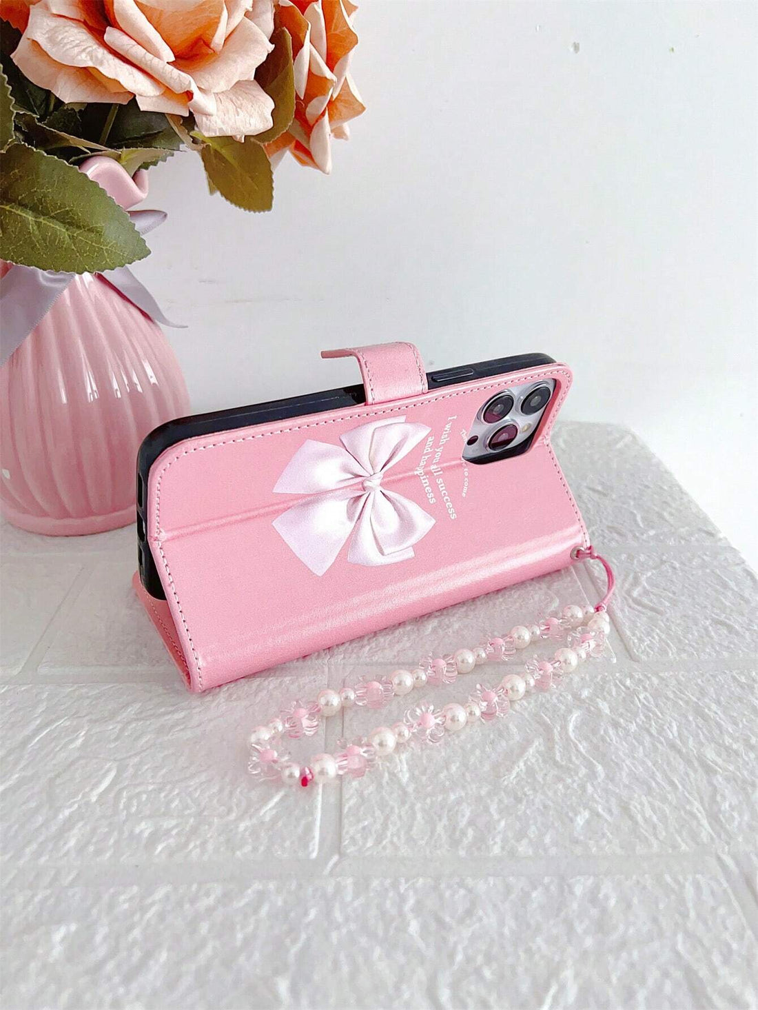 كفر محفظة جلد PU بفيونكة كبيرة ولؤلؤ صناعي مع حبل – SHEIN Peach