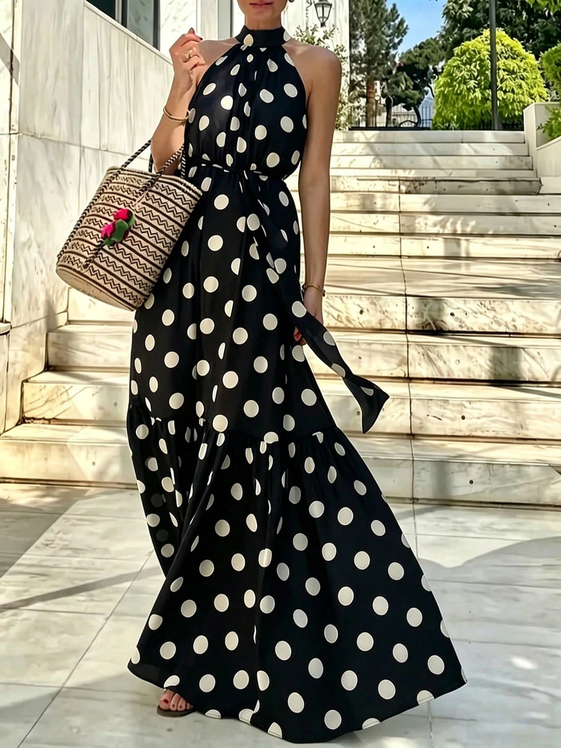 SHEIN Black Polka Dot Halter Waist Tie Ruffle Hem Maxi Dress