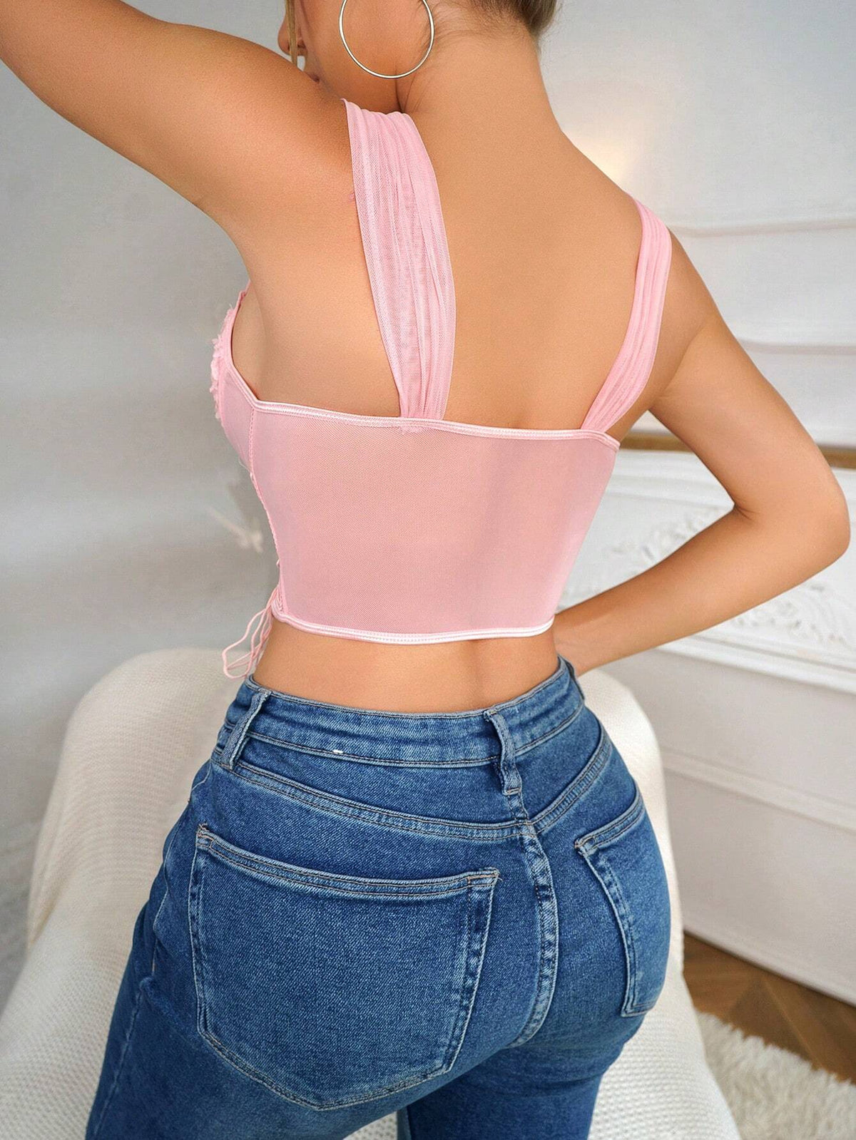 SHEIN RAHQ Pink Mesh Corset Crop Top with Contrast Lace and Drawstring