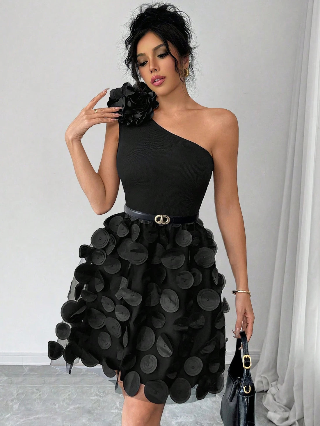 SHEIN Rafferiza Black 3D Floral Asymmetrical Neck Ruched Bodycon Mini Dress
