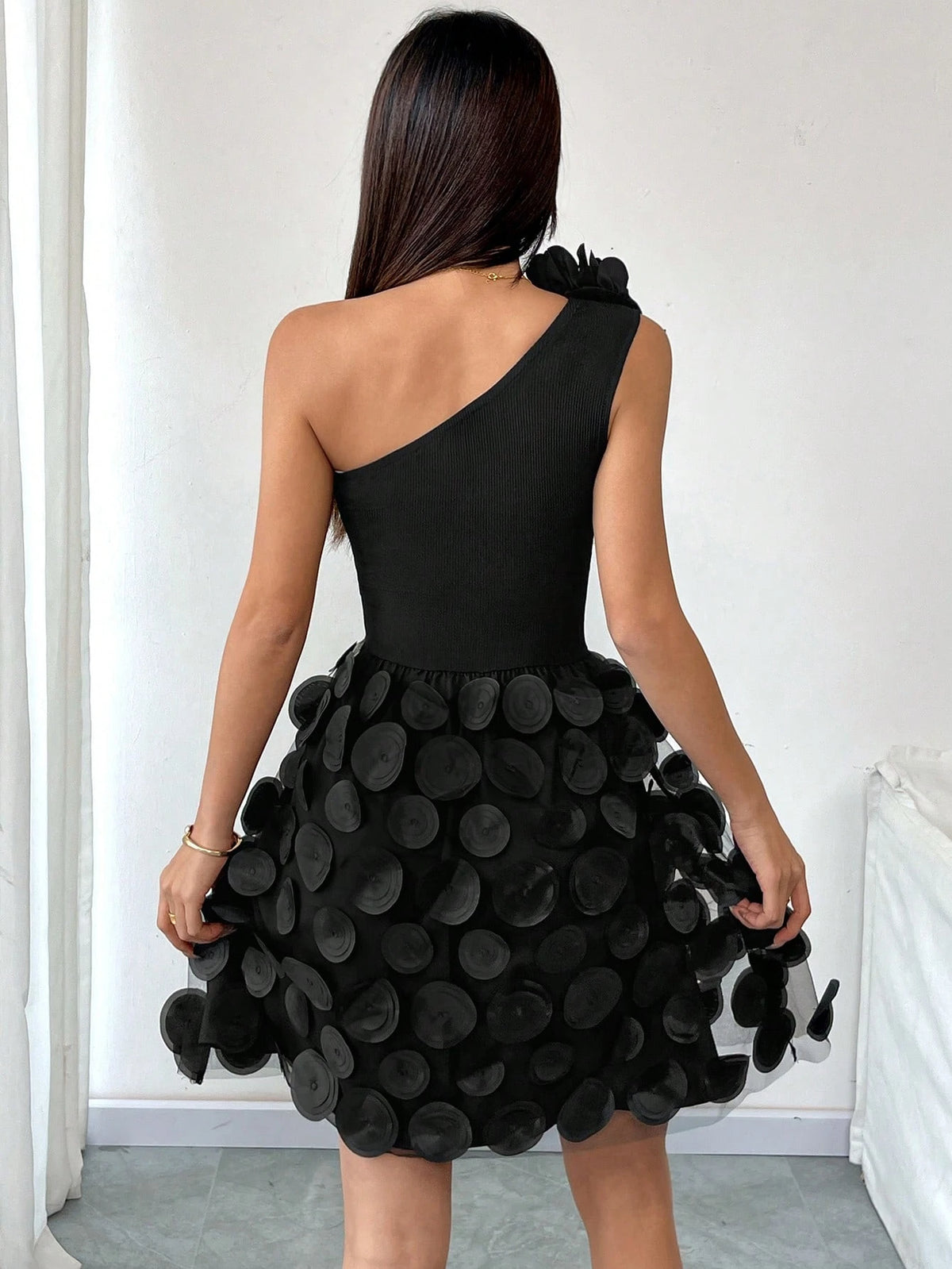 SHEIN Rafferiza Black 3D Floral Asymmetrical Neck Ruched Bodycon Mini Dress