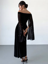 SHEIN Rafferiza Black Velvet Cold Shoulder Contrast Mesh Mermaid Maxi Dress