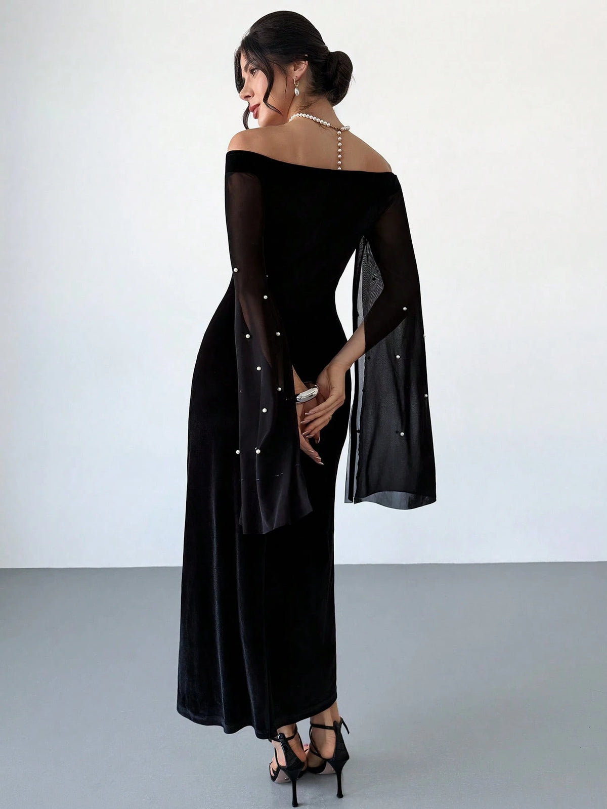 SHEIN Rafferiza Black Velvet Cold Shoulder Contrast Mesh Mermaid Maxi Dress