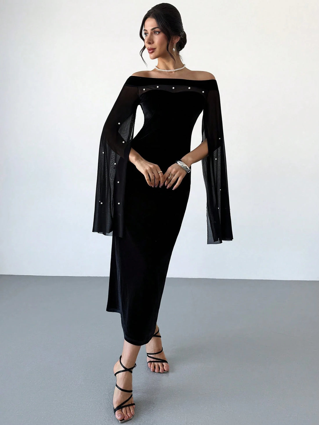 SHEIN Rafferiza Black Velvet Cold Shoulder Contrast Mesh Mermaid Maxi Dress
