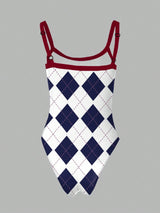 SHEIN Rovax Multicolor Rhombus Print Backless Spaghetti Strap Bodysuit