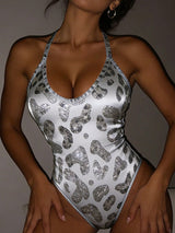 SHEIN Rovax Multicolor Leopard Print Rhinestone Halter Bodysuit