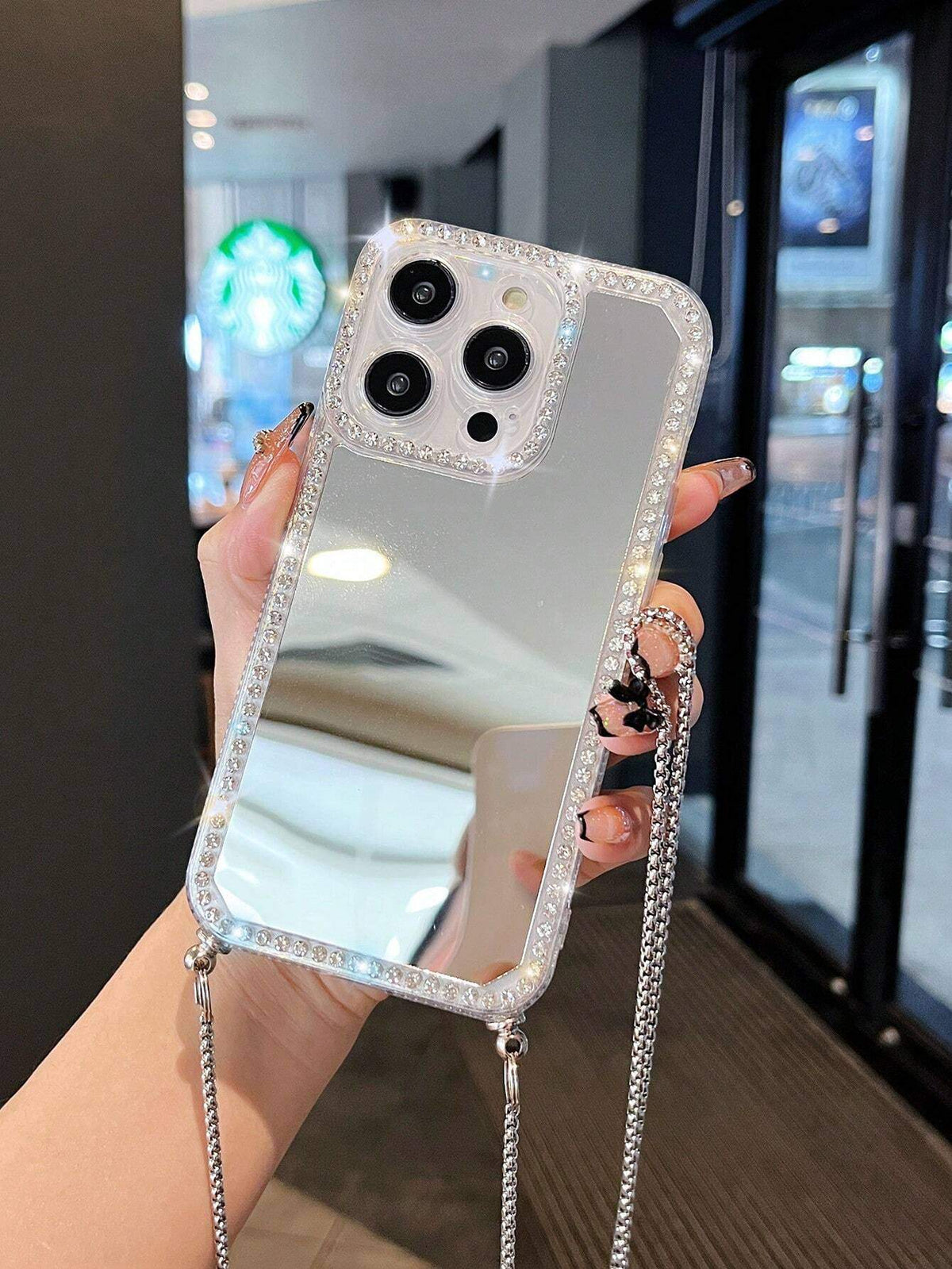 SHEIN Apple Phone Charm 1pc Rhinestone Mirror Shoulder Strap Silicone Phone Protective Case
