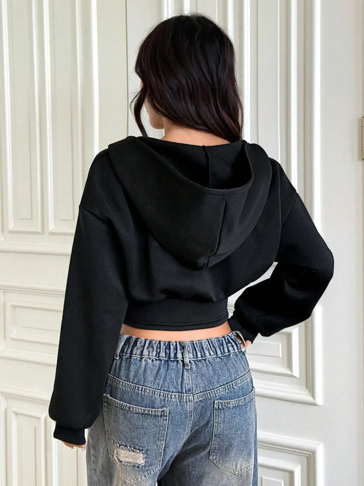 SHEIN EZwear Black Oversized Hooded Zip Up Embroidered Sweatshirt