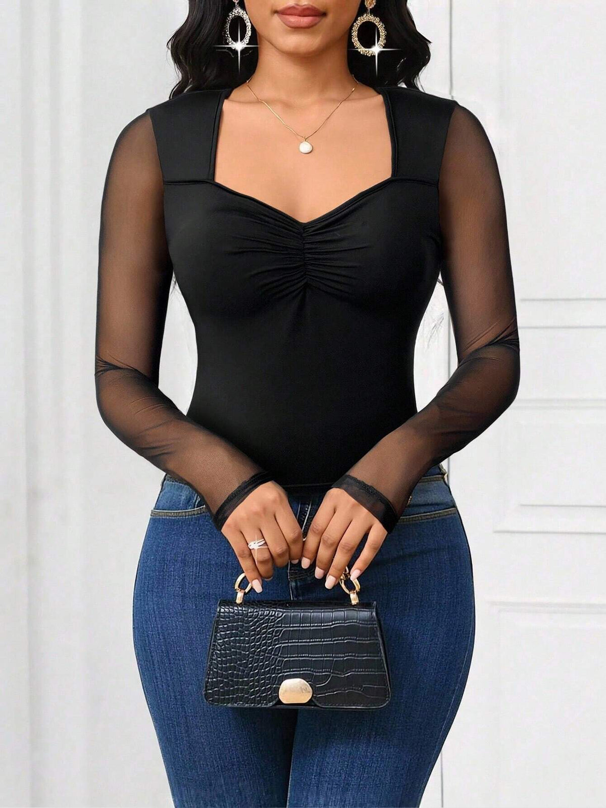 SHEIN Lady Black Mesh Patchwork Long Sleeve Fitted Women T-Shirt Long Sleeve Mesh Top