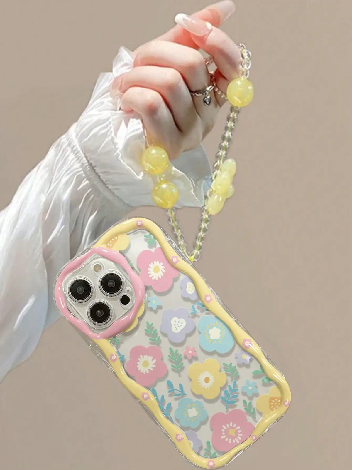 SHEIN Lanyard Novelty Wavy Phone Case Creamy Transparent Floral And Leaf Pattern Pink