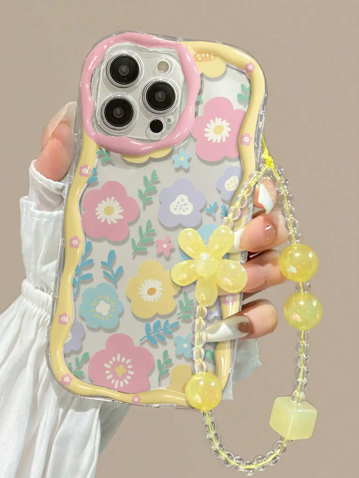 SHEIN Lanyard Novelty Wavy Phone Case Creamy Transparent Floral And Leaf Pattern Pink