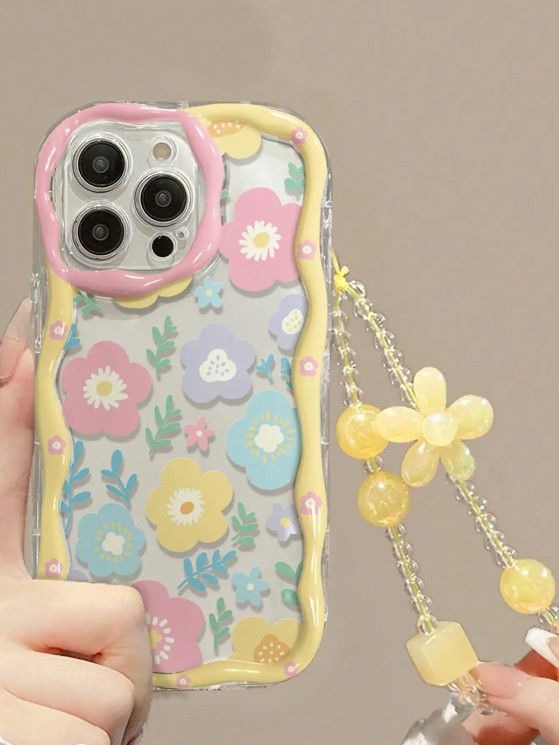 SHEIN Pink Wavy Transparent Floral Leaf Matte iPhone Case with Lanyard
