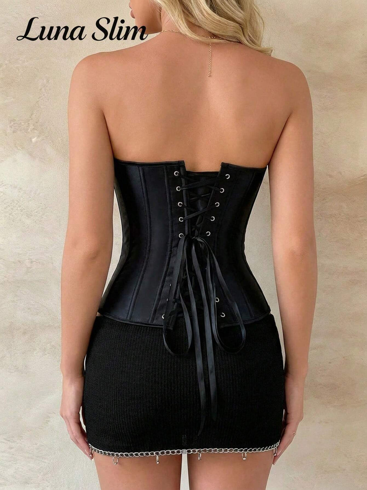 بستيير أسود استرابلس بسوستة وعظم وأطراف غير متساوية – SHEIN Luna Slim