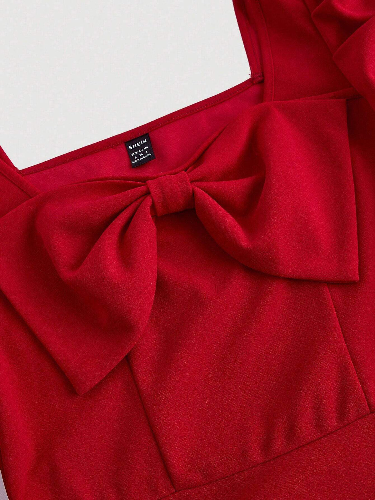 SHEIN MOD Women Gigot Sleeve Bow Tie Neck Red Dress