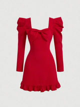 SHEIN MOD Women Gigot Sleeve Bow Tie Neck Red Dress