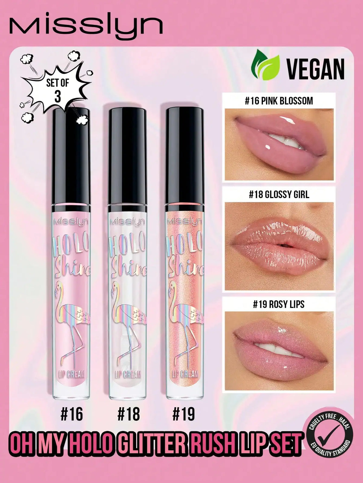 SHEIN Misslyn 3pcs HOLO SHINE Lip Gloss Set - Lip Tint, Moisturizing Lip Gloss