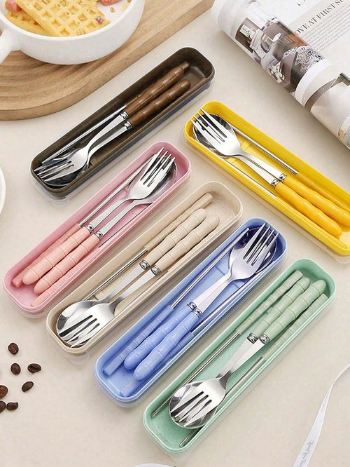 SHEIN 1pc Festival Tableware Set 3pcs Stainless Steel Portable Cutlery Set (Chopsticks, Spoon, Fork) Suitable For Parties2