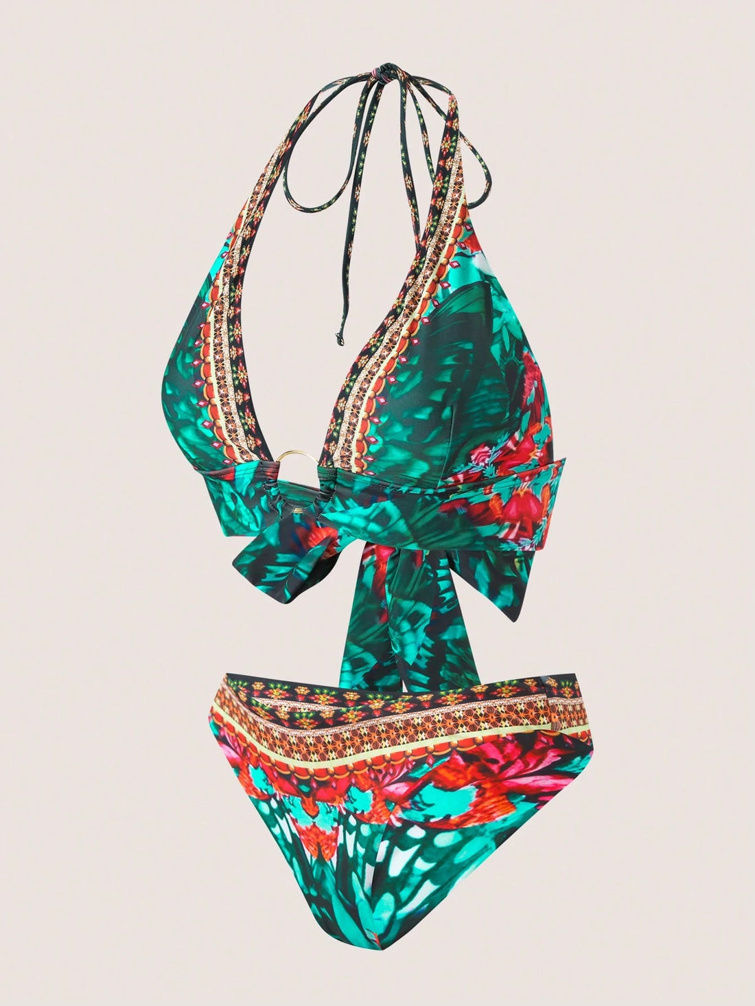 SHEIN 2025 New European & American Style Women Floral Print Halter Bikini Set, Sexy Fitted Swimwear, For Summer Beach0