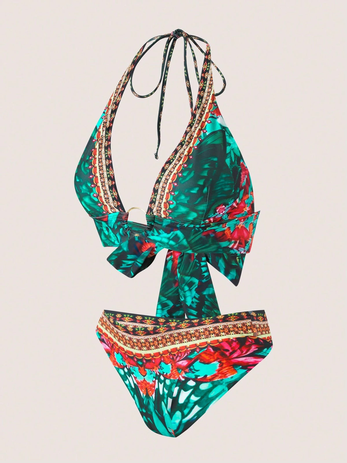 SHEIN 2025 New European & American Style Women Floral Print Halter Bikini Set, Sexy Fitted Swimwear, For Summer Beach0