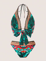 SHEIN 2025 New European & American Style Women Floral Print Halter Bikini Set, Sexy Fitted Swimwear, For Summer Beach1