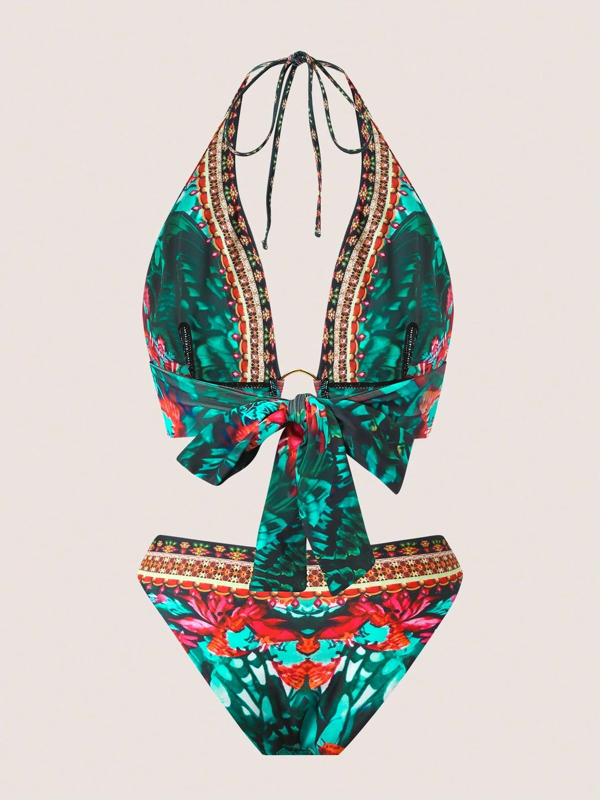 SHEIN 2025 New European & American Style Women Floral Print Halter Bikini Set, Sexy Fitted Swimwear, For Summer Beach1
