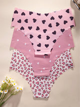 SHEIN 3pcs Women's Panties With Lovely Heart Print, Ruffled Trim, Soft & Smooth Fabric, Comfortable Casual Underwear