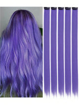 Purple hair extensions shown on a person and individually.