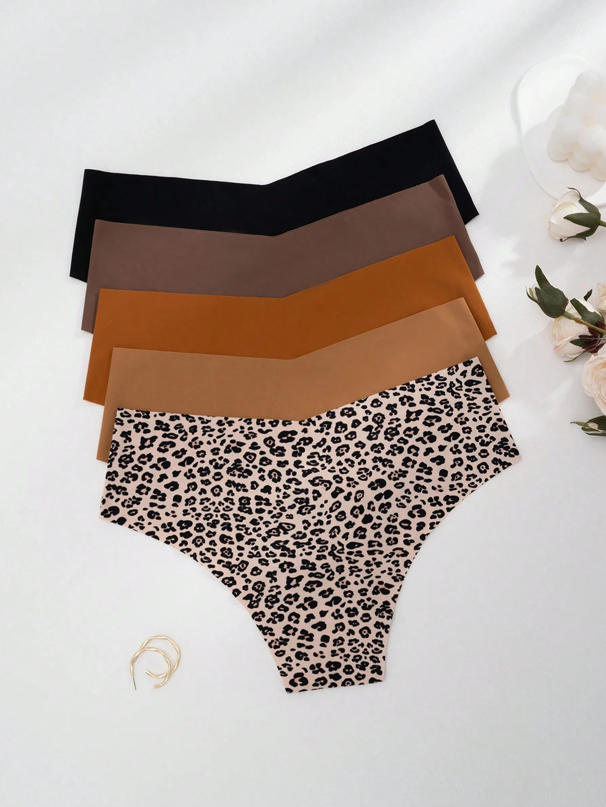  SHEIN 5pcs Women's Leopard Print Seamless Panties, Comfortable Skin-Friendly Sexy Low Rise Hipster Briefs