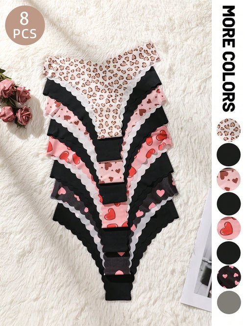 SHEIN 8pcs/Set Women's Seamless Leopard Print & Solid Color Wavy Trim Triangle Panties, Comfortable Smooth Fabric