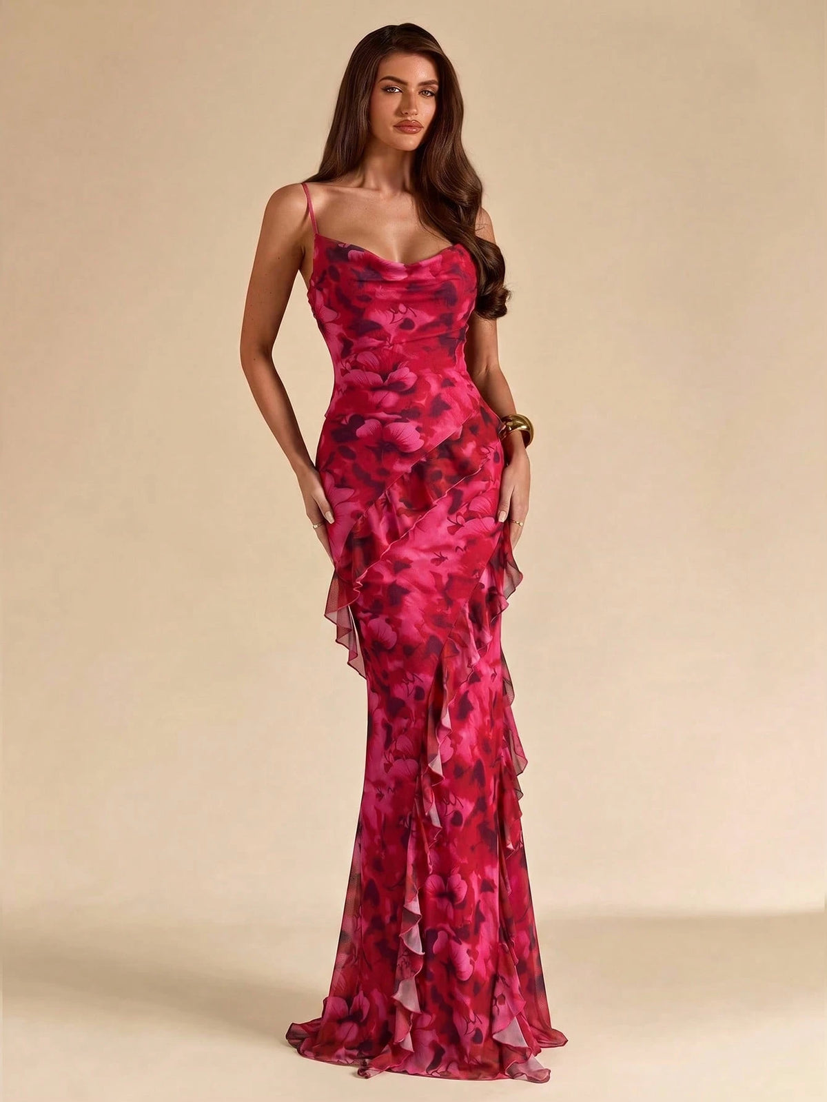 SHEIN BAE Fuchsia Pink Tie Dye Floral Print Ruffle Cami Mermaid Maxi Dress