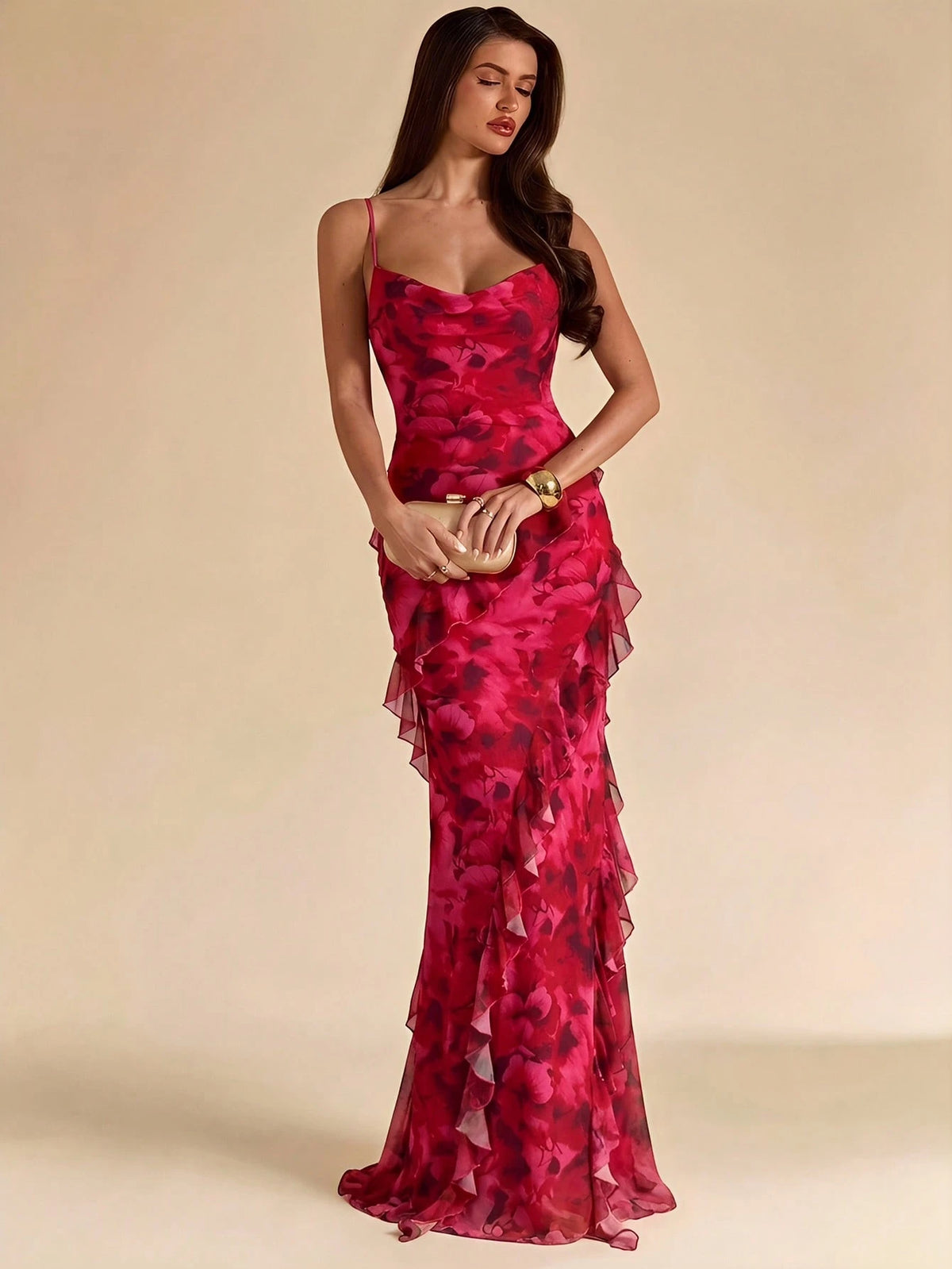 SHEIN BAE Fuchsia Pink Tie Dye Floral Print Ruffle Cami Mermaid Maxi Dress