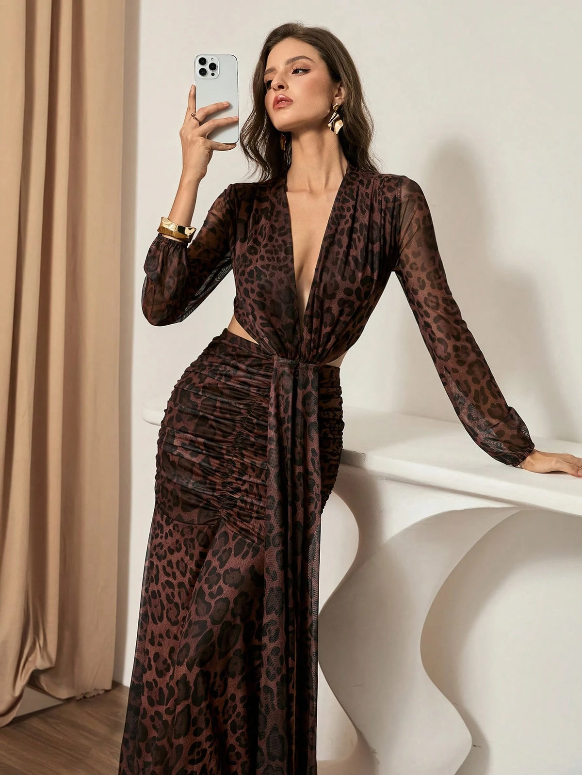 SHEIN Bluhae Women's 2025 Autumn/Winter New Sexy Hollow Out Waist Leopard Print Long Sleeve Casual Dress2