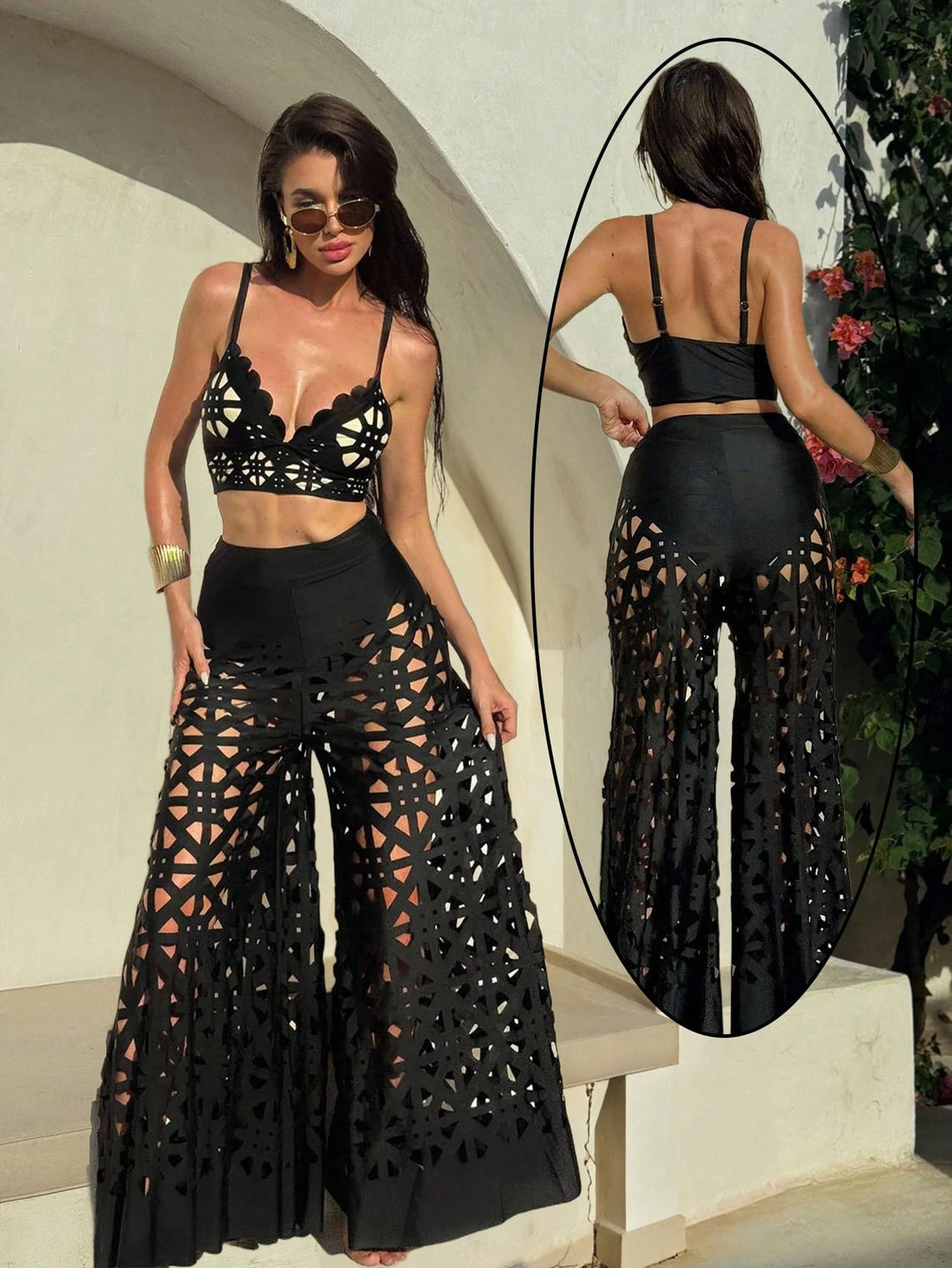 SHEIN Bonvoyette 3pcs/Set Summer New Women's Swimsuit Strappy Solid Top, High Waisted Shorts, Hollow0