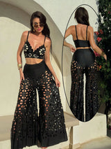 SHEIN Bonvoyette 3pcs/Set Summer New Women's Swimsuit Strappy Solid Top, High Waisted Shorts, Hollow0