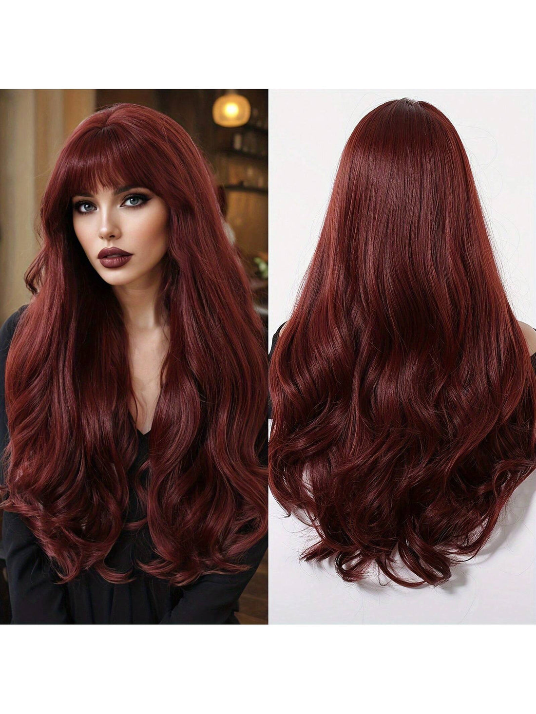 SHEIN Chic Burgundy Brown Long Curly Wig With Bangs For Women - Matte Finish, Heat Resistant Synthetic Hair,