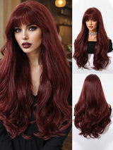 SHEIN Chic Burgundy Brown Long Curly Wig With Bangs For Women - Matte Finish, Heat Resistant Synthetic Hair,0