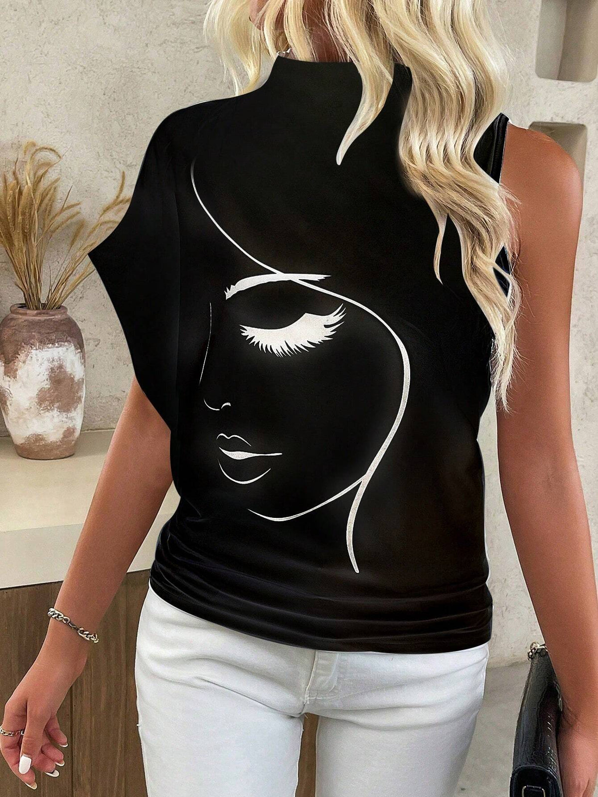 SHEIN EMERY ROSE Knitted Stand Collar Asymmetric Sleeve Graphic White Women's T-Shirt Graphic Tees Wom