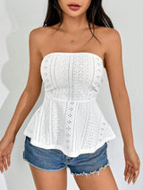 SHEIN EZwear Eyelet Embroidery Solid Ruffle Hem Tube Top