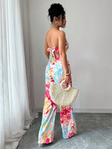 SHEIN Elenzga 2pcs Set: Halter Tie Bow Crop Top & Printed Elegant Romantic Vacation Bottoms For Women0
