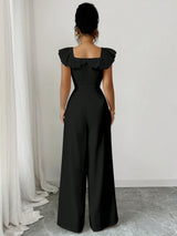 SHEIN Elenzga New Women Square Collar Ruffle Fake Placket Belt Decor Button Jumpsuit, Elegant Daily Commu1