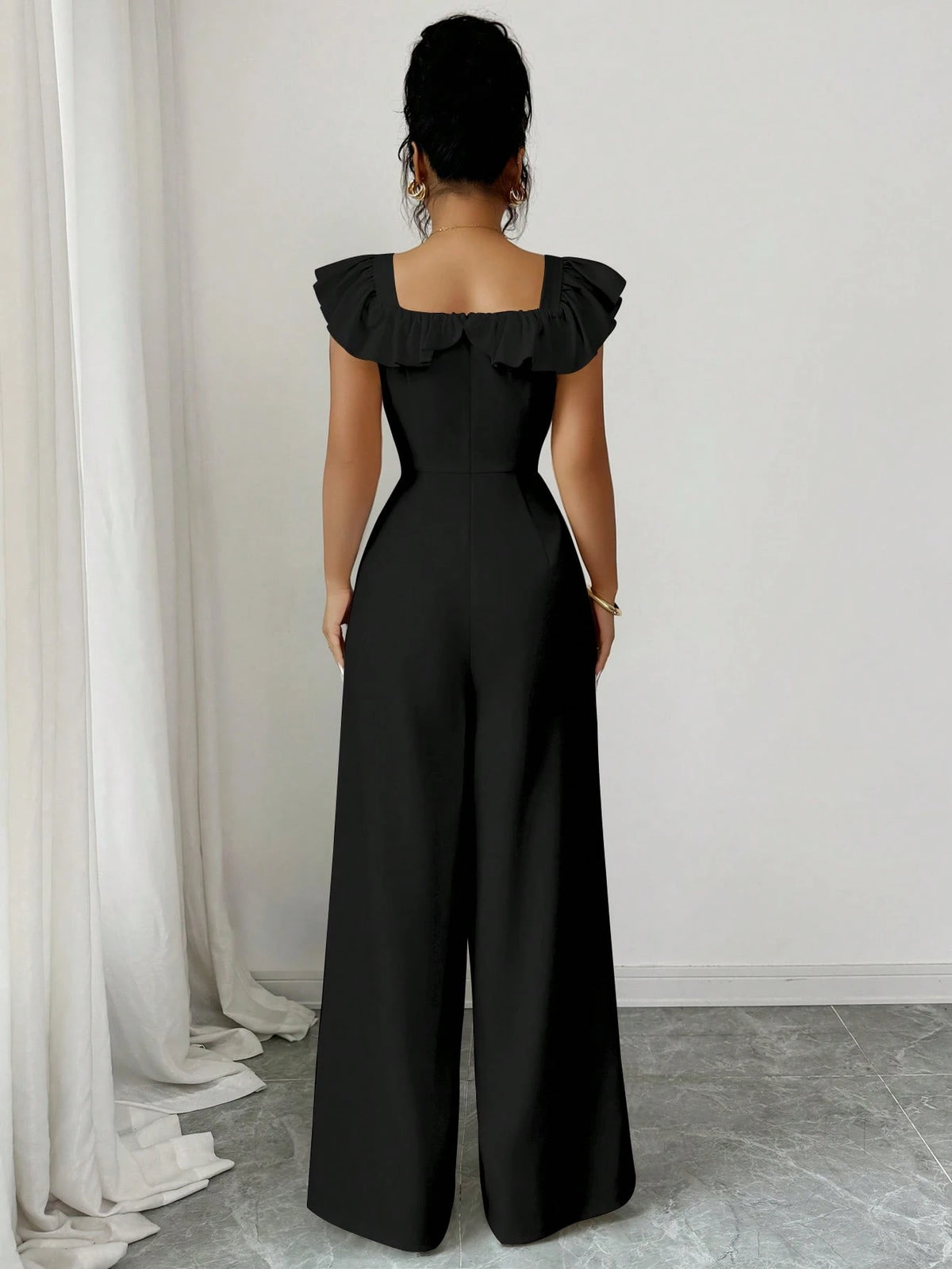 SHEIN Elenzga New Women Square Collar Ruffle Fake Placket Belt Decor Button Jumpsuit, Elegant Daily Commu1