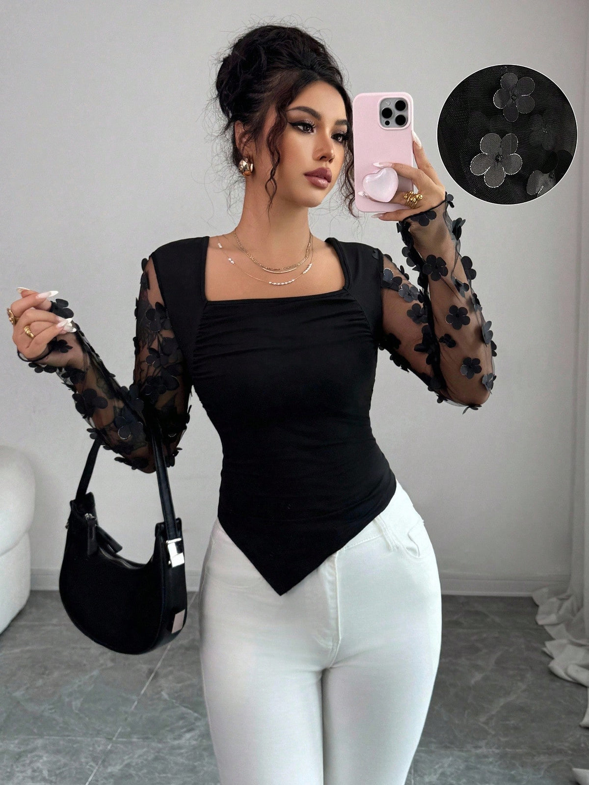 SHEIN Elenzga Black 3D Floral Applique Mesh Splice Square Neck Top