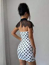 SHEIN Elenzya Black White Lace Polka Dot Strapless Bodycon Dress