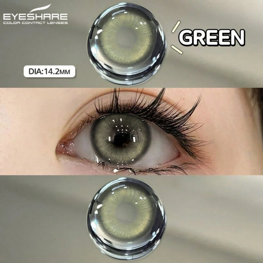 Three-panel product graphic for EYESHARE gray contact lenses. Top panel shows the lens package with text 'EYESHARE COLOR CONTACT LENSES', 'GRAY', and 'DIA:14.