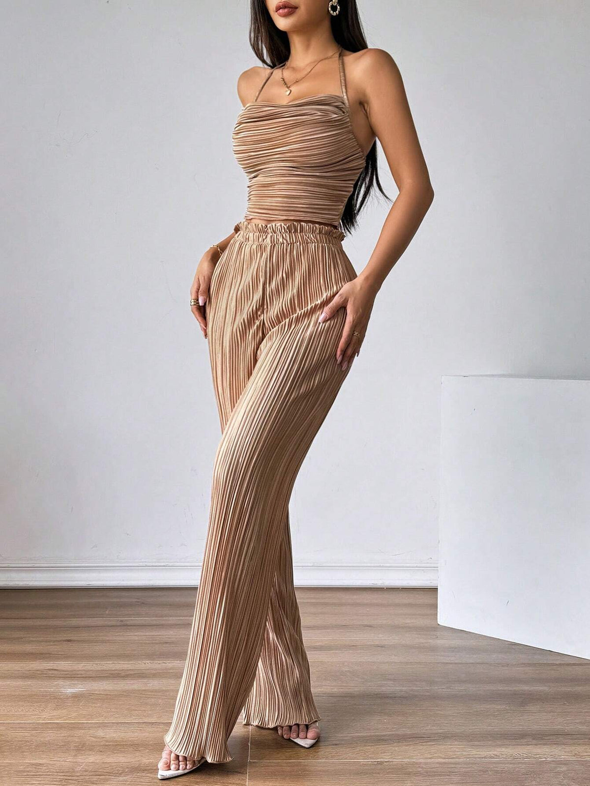 SHEIN Firerie 2pcs Women's Halter Back-Tie Top And Elastic Waist Pants Casual Suit